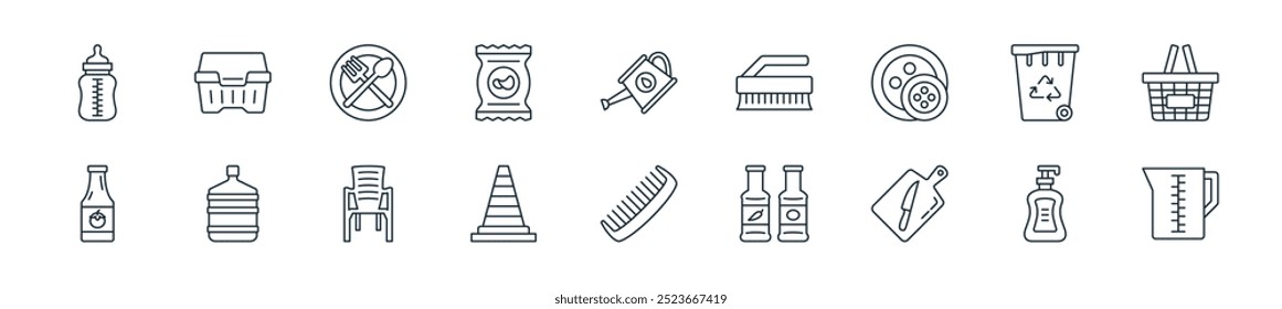 pacote de ícone de produtos de plástico moderno. perfeito para projetos de ui lineares com vetor medindo jarro, garrafa, prancha de corte, garrafa de molho, pente, cone de tráfego, cadeira e mais ícones para celular e web