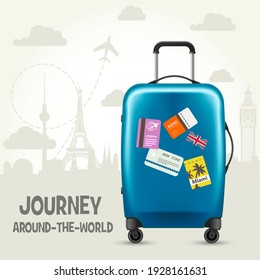 Modern Plastic Suitcase And World Landmarks, Tourism Poster With Wheeled Trunk, Luggage, Vector