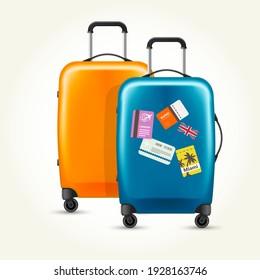 Modern plastic wheeled suitcases, luggage trunk with travel tags, vector
