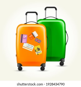 Modern Plastic Wheeled Suitcases With Travel Tags, Travel Trunk, Vector