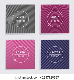 Modern plate music album covers collection. Halftone lines backgrounds. Minimalistic plate music records covers, vinyl album mockups. DJ records geometric layouts. Flyer gradient patterns.