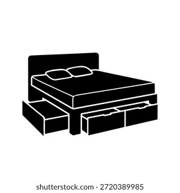 Silhueta de cama de plataforma moderna com gavetas de armazenamento embutidas para otimização de espaço de quarto