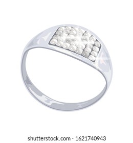 Modern platinum or white gold ring with brilliant cut square diamonds for engagement proposal, wedding, anniversary. Elegant silver jewelry with shiny phianite or cubic zirconia. Realistic vector.