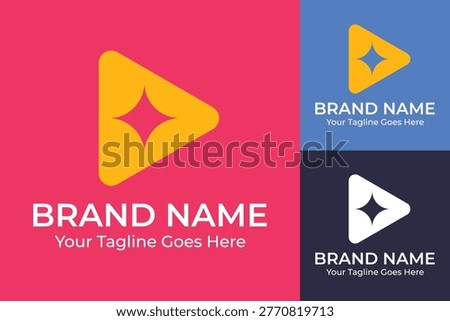 Modern Play Button Logo Template with Sparkle Star Concept, Magic Video Play Icon Vector Design for Media and Entertainment, Abstract Triangle Play Media App Logo Symbol, Multimedia Player Button with Negative Space Star