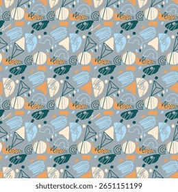 A modern, playful abstract pattern featuring organic shapes, geometric elements, and textured scribbles in a soothing color palette. Ideal for contemporary design trends and versatile creative project