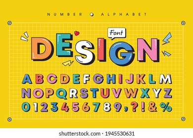 Modern playful alphabet letter and number set. Bright, vivid multicolor funky font or typography. Vector bold font for poster, flyer, book cover, greeting card, product packaging, graphic print, etc.