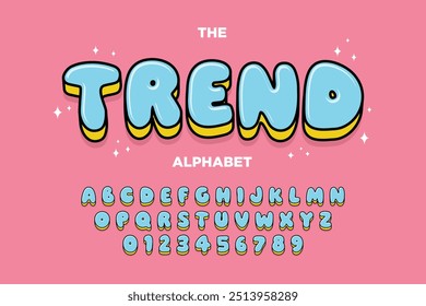 Modern playful alphabet letter and number set. funky font or typography. Vector bold font for poster, flyer, book cover, greeting card, product packaging, graphic print, etc.