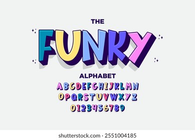 Conjunto de letras y números de alfabeto moderno y juguetón. fuente funky o tipografía. Vector fuente en negrita para el cartel, volante, cubierta del libro, tarjeta de felicitación, empaquetado del producto, impresión gráfica, etc.