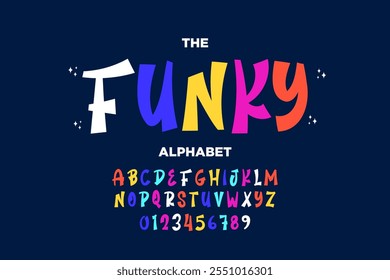 Conjunto de letras y números de alfabeto moderno y juguetón. fuente funky o tipografía. Vector fuente en negrita para el cartel, volante, cubierta del libro, tarjeta de felicitación, empaquetado del producto, impresión gráfica, etc.