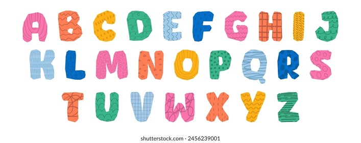 Modern playful alphabet letter set. Bright, vivid multicolor funky font or typography. Vector bold font for poster, flyer, book cover, greeting card, product packaging, graphic print, etc.