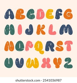Modern playful alphabet letter set. Bright, vivid multicolor funky font or typography. Vector bold font for poster, flyer, book cover, greeting card, product packaging, graphic print, etc.