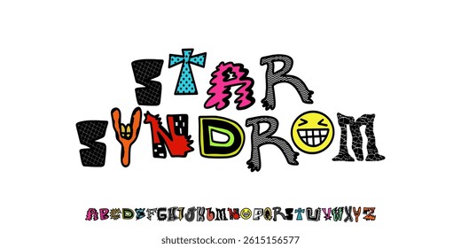 Modern playful alphabet letter Typeface,Music festival font,Bright, multicolor funky font or typography. Vector Handwritten font for poster, flyer, book cover, greeting card, product packaging.
