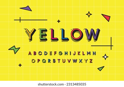Modern playful alphabet letter typography on yellow background. 3D Bright, vivid multicolor effect font. Vector alphabet for flyer, book cover, greeting card, product packaging, graphic print