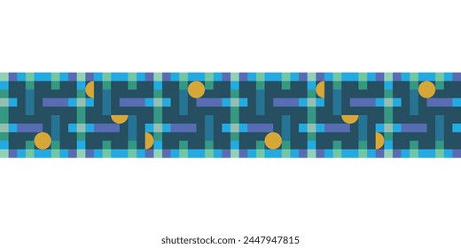 Modern playful checkered horizontal pattern Border with tiled circular shapes on dark green. Truchet geometric seamless background for interiors, fashion and giftware.