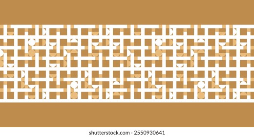 Modern playful checkered pattern Border with white and orange circular shapes on gold. Truchet geometric seamless background for interiors, fashion and giftware. 