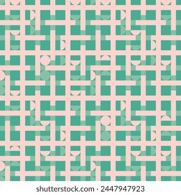 Modern playful checkered pattern with tiled circular shapes on green. Truchet geometric seamless background for interiors, fashion and giftware. Bauhaus style. 