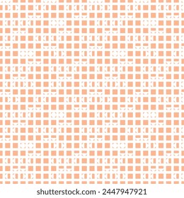 Modern playful checkered pattern with white tiled circular shapes on Peach Fuzz. Truchet geometric seamless background for interiors, fashion and giftware. Pantone colour 2024.