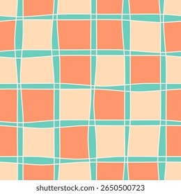 Modernes spielerisch kariertes, nahtloses Vektormuster. Farbige abstrakte geometrische Wiederholungskachel mit wackeligen Schachbrett und Linien. Einfaches, handgezeichnetes, wellenförmiges Kontrollraster und Hintergrund mit gekreuzten Streifen 