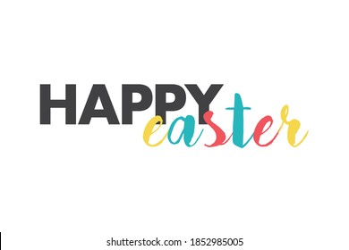 Modern, playful, colorful graphic design of a saying "Happy Easter" in red, yellow, blue and grey colors. Urban, handwritten typography.