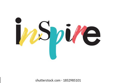 Modern, playful, colorful graphic design of a word "inspire" in red, yellow, blue and black colors. Creative typography.