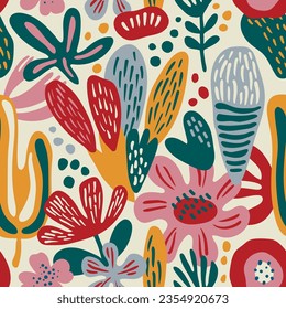 Modern playful hand drawn abstract nature and floral shapes seamless vector pattern. Trendy collage elements contemporary design background.