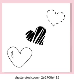 Modern and playful heart illustrations in hand-drawn black and white line art style. Great for Valentine's Day designs, love-themed prints, and social media graphics.