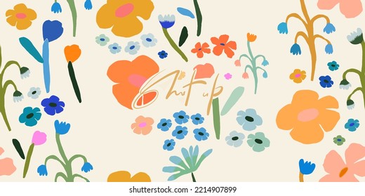 Modern playful print design with naive flowers. Abstract fashionable vector template for your design. Sign "Shut up".