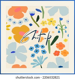 Modern playful scarf design with artistic flowers illustration. Abstract fashionable vector template for your design. Sign "Shut up".