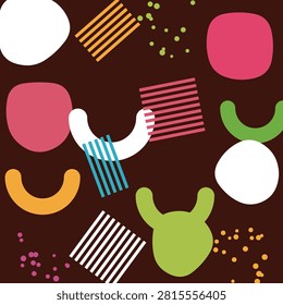 A modern and playful seamless vector pattern featuring colorful organic shapes, striped blocks, curved elements, and speckled dots over a rich dark brown background. Ideal for textile designs, modern wallpaper, trendy packaging, fabric prints, stationery, gift wraps, and creative background graphics.
#AbstractPattern #SeamlessPattern #VectorArt #SurfacePatternDesign #OrganicShapes #PatternDesign #TextilePrint #ModernArt #FabricDesign #BrownBackground #RetroVibes #DigitalPaper