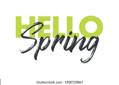 Modern, playful, vibrant graphic design of a saying "Hello Spring" in yellow and grey colors. Handwritten, brush stroke style typography.