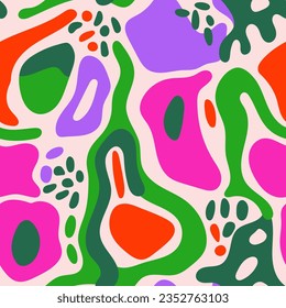 Modern playful vibrant groovy free form shapes and doodle objects seamless vector pattern. Trendy collage elements contemporary design background.