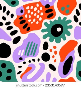 Modern playful vibrant groovy free form shapes and doodle objects seamless vector pattern. Trendy collage elements contemporary design background.