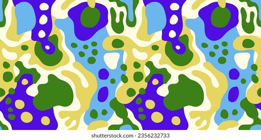 Modern playful vibrant groovy free form shapes and doodle objects seamless vector pattern. Trendy collage elements contemporary design background.