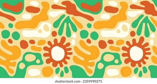Modern playful vibrant groovy free form shapes and doodle objects seamless vector pattern. Trendy collage elements contemporary design background.