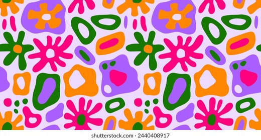 Modern playful vibrant groovy free form shapes and doodle objects seamless vector pattern. Trendy collage elements contemporary design background.