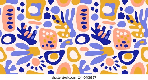 Modern playful vibrant groovy free form shapes and doodle objects seamless vector pattern. Trendy collage elements contemporary design background.