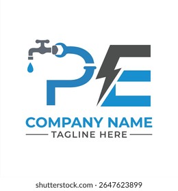 Moderno encanamento e serviços elétricos Design de logotipo com letra PE, simbolizando água e energia soluções de uma maneira única