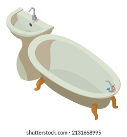 Modern plumbing icon isometric vector. New wash basin with faucet and bathtub. Bathroom, interior, equipment
