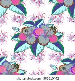 Modern plumeria flower pattern with royal hibiscus. Colored orient pattern on a brown background. Seamless floral ornament.