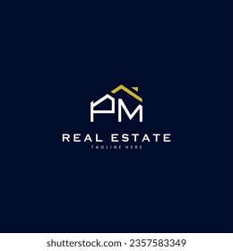 modern PM letter real estate logo in linear style with simple roof building in blue