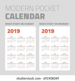 Modern pocket calendar on white background design set 2019