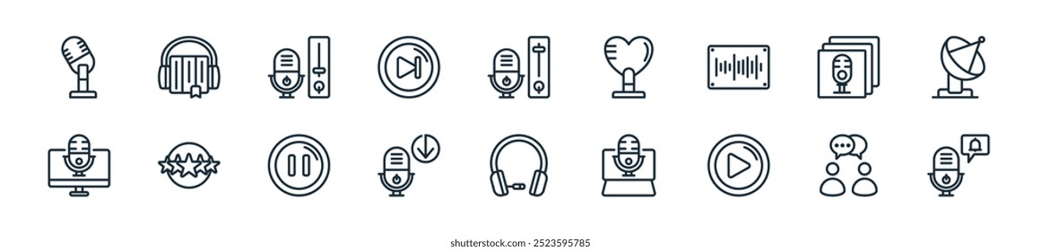 moderno podcast icon pack. perfeito para projetos de interface do usuário linear com sino de notificação de vetor, discussão, botão de reprodução, podcast, fone de ouvido, download, pausa e mais ícones para aplicativos móveis e web.