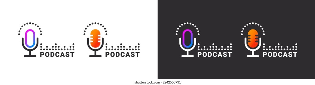 Modern podcast logo or badge. Podcast sign. Podcast microphone icons. Vector illustration