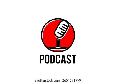Modern Podcast Microphone Vector Logo Design with Elegant Circular Line Frame