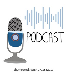 Modern podcast show or audio blog concept, brodcast flat illustration, vector microphone and text isolated on white.