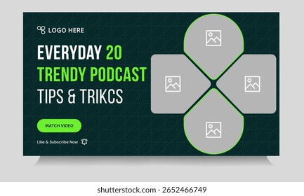 Design moderno de banner de miniatura de vídeo de podcast, dicas de vídeo de som de podcast e design de banner de capa de truque, formato de arquivo eps 10 vetorial totalmente personalizável