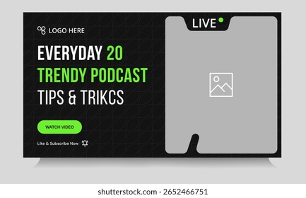 Design moderno de banner de miniatura de vídeo de podcast, dicas de vídeo de som de podcast e design de banner de capa de truque, formato de arquivo eps 10 vetorial totalmente personalizável