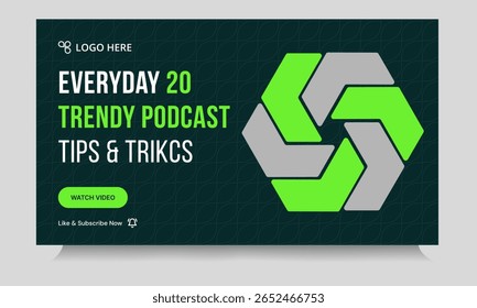 Design moderno de banner de miniatura de vídeo de podcast, dicas de vídeo de som de podcast e design de banner de capa de truque, formato de arquivo eps 10 vetorial totalmente personalizável