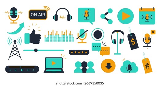 Conjunto de ícones modernos de podcasting e difusão