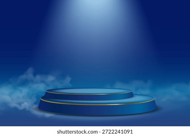 Podio moderno con reflejo de luz, humo mágico y foco.